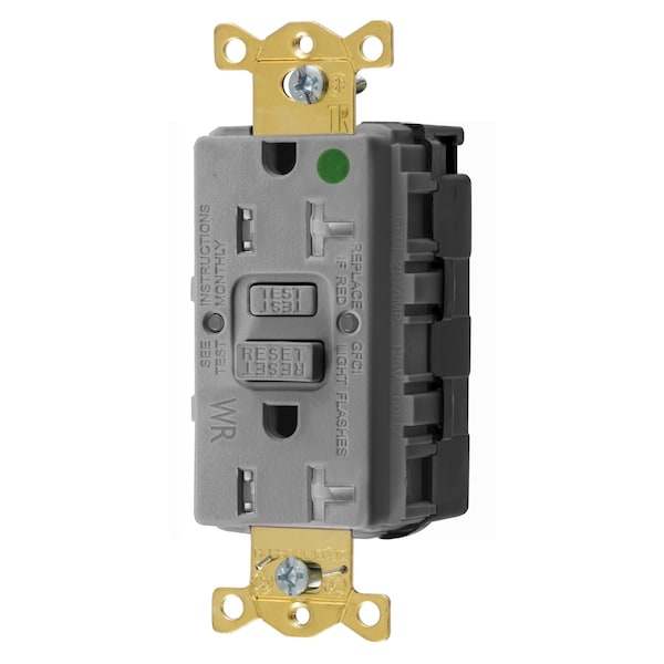 Hubbell Wiring Device-Kellems Straight Blade Devices, SNAPConnect Receptacle, GFCI, Tamper and Weather Resistant, Commercial Hospital Grade, Self Test, 20A 125V, 2-Pole 3-Wire Grounding, 5-20R, Gray GFTWRST83SNAPGY